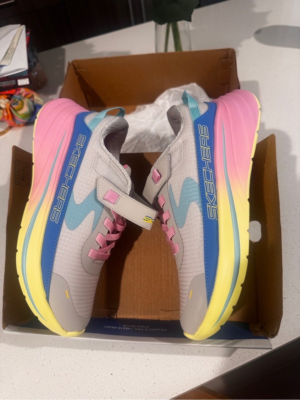 Skechers Neutral Upper Platform Sneakers with Pink, Blue & Yellow Gradient Sole